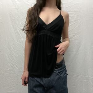 y2k guess jeans black minimalist satin v neck cross back flowy tank top blouse